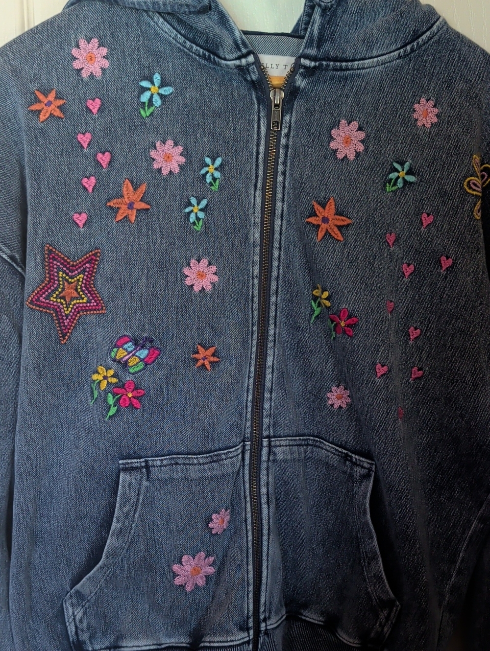 🌸💛Billy T  Embroidered Denim Zip-Up Hoodie Jacket - Picture 8 of 11